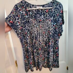 Charter Club Women's 1X Cap Sleeve Embellished Floral Navy Top Modal Blend